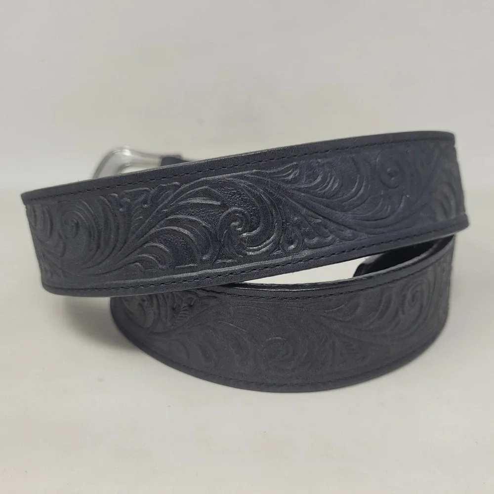 Silver Creek Belt 44 Black Leather Floral Tooled Western Cowboy Rodeo USA